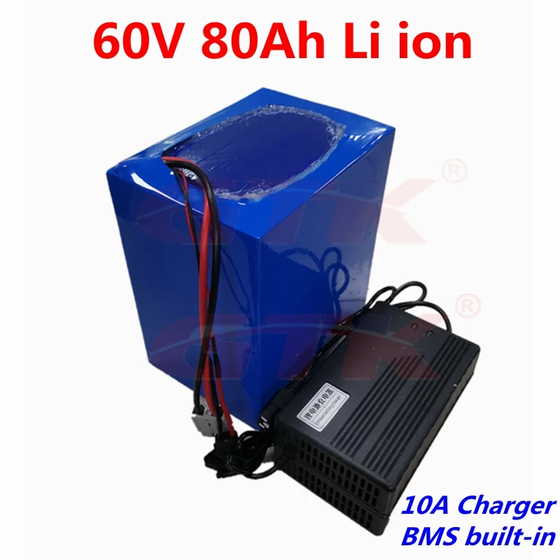 

Rechargeable 60V 80AH Li-ion battery with BMS for 3000W 4800W 6000W scooter Electric tricycle motorcycle vehicle+10A charger