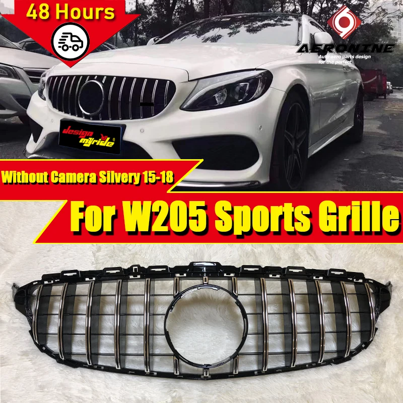 Подходит для Mercedes C205 W205 GTS style grill ABS silver C class передняя решетка без камеры и знака 2015