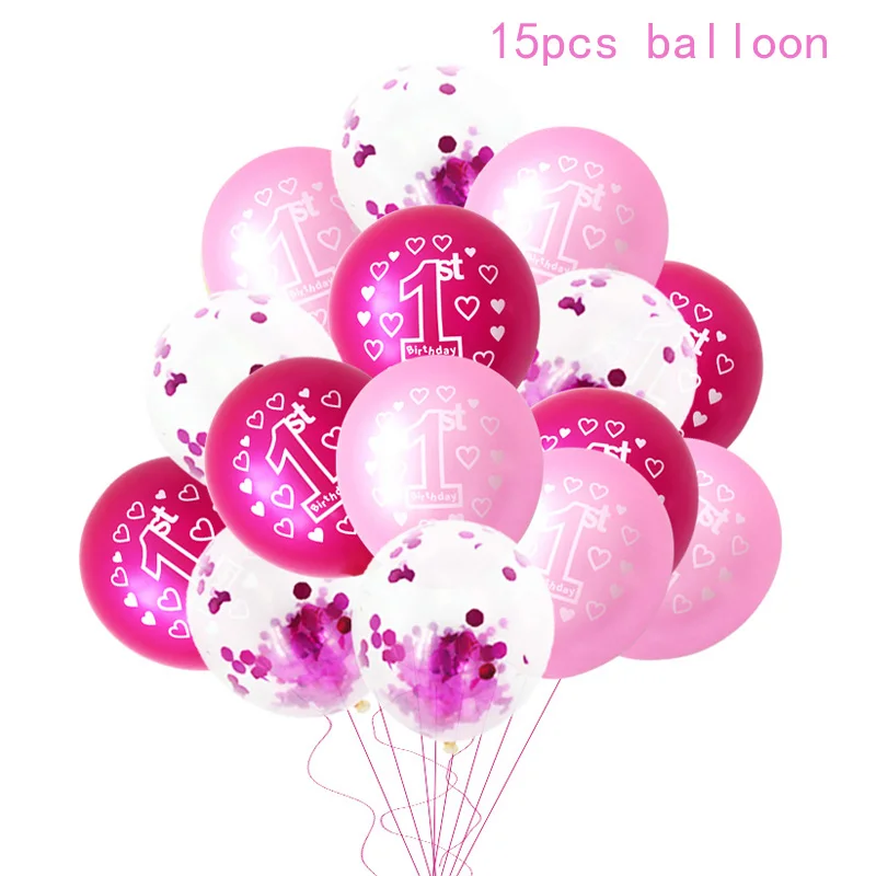 15pcs balloon 10/15 шт, для девочек и мальчиков 1st на день рождения воздушные шарики розового и голубого цвета с конфетти шары из латекса 1 Year Old первый День рождения Декор Baby Shower поставки - Цвет: 15pcs balloon