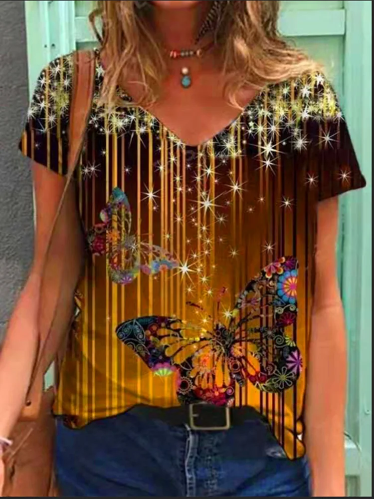 

Женская одежда, Женский Топ, женские повседневные свободные футболки с коротким рукавом и V-образным вырезом, женская летняя футболка с 3d-ба...