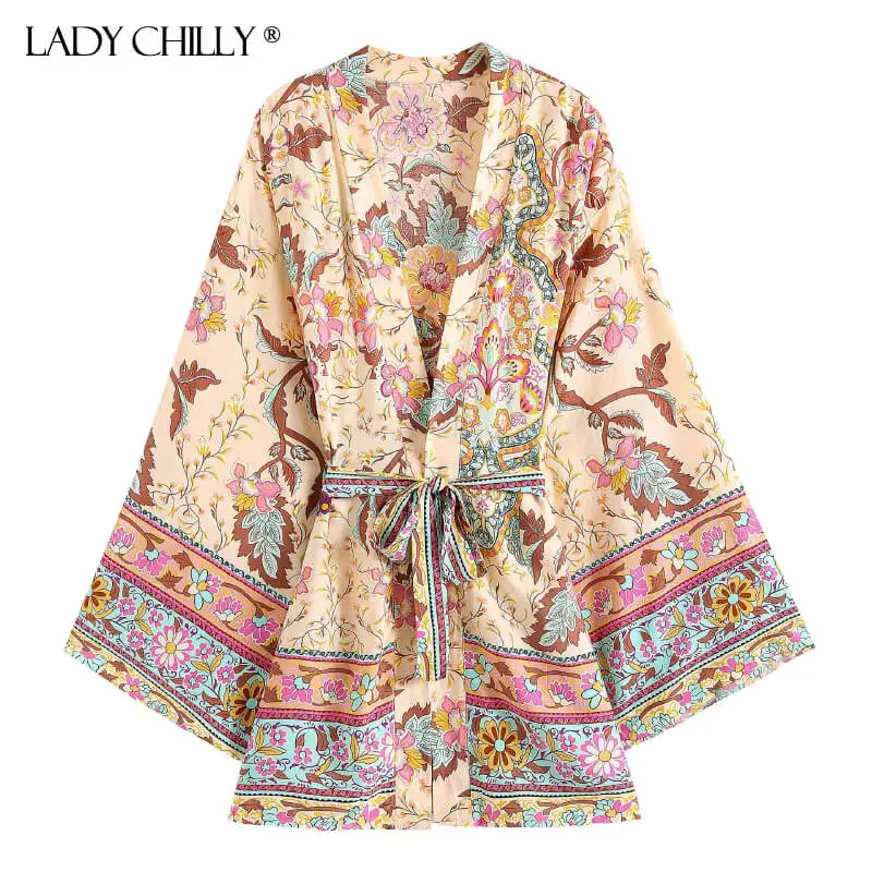 

Lady Chilly Floral Print Robes Casual Summer Beach Bikini Blusas Cotton Women Bohemian Cover Up kimonos Ethnic Style Sashes Tops