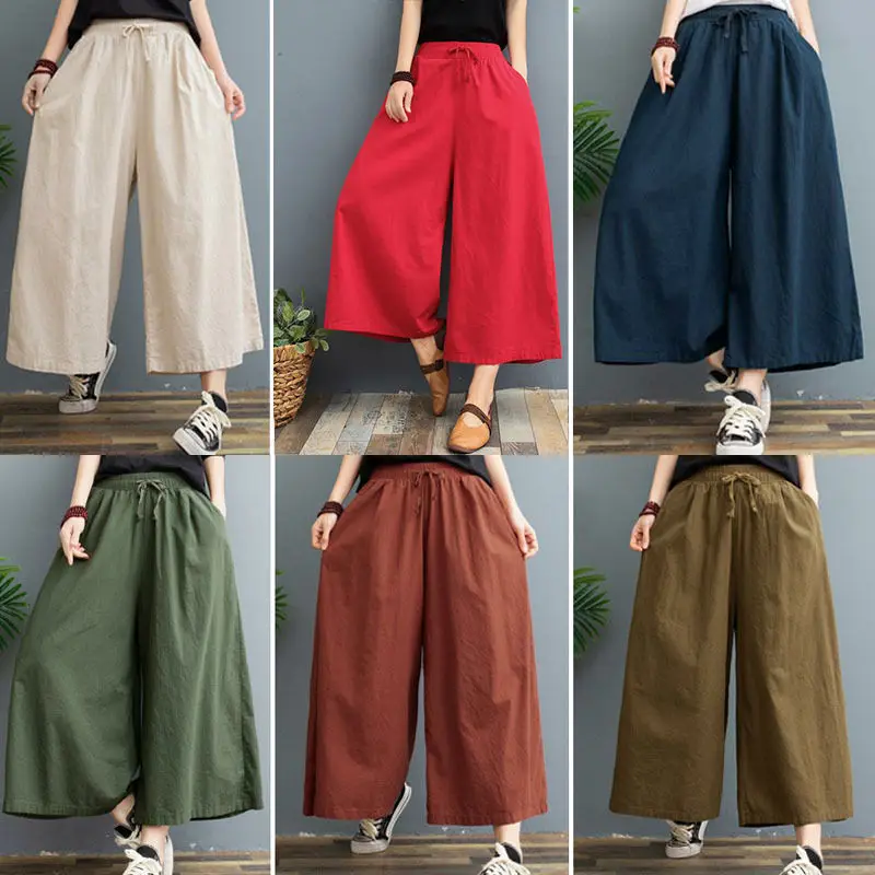 

2021 Summer Fashion New Loose 100 Linen Culottes Women's Cropped Pants High Waist Vertical Large Size Culottes 90H