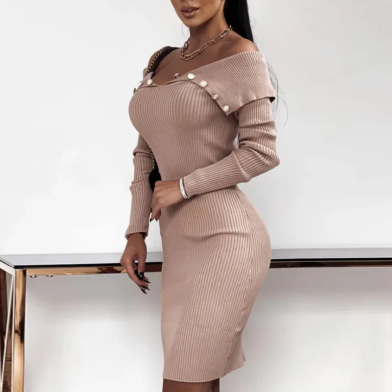 

2021 Autumn Winter New Womens Dress Fashion Women's Solid Color One-shoulder Single-breasted Lapel One-piece Knitted Dress