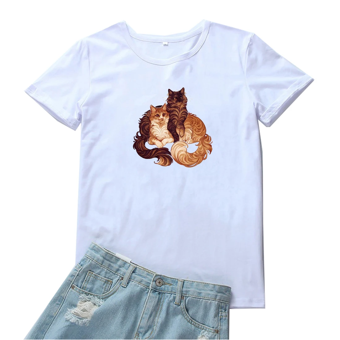 

Two Cats Snuggle Together Women Tshirt Kawaii Print Pattern T Shirt Women Fashion O-Neck Women T-shirt Harajuku Camisetas Mujer