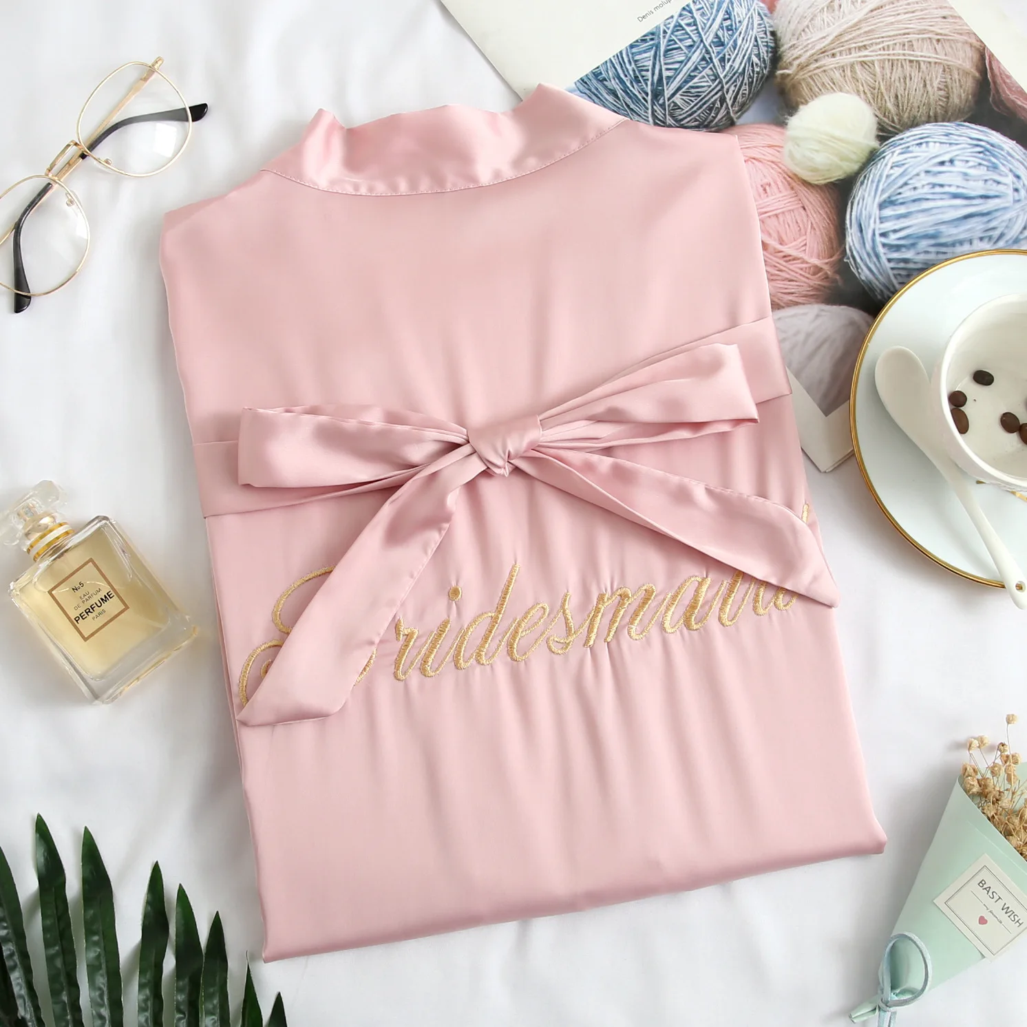 

Satin Bride Bridesmaid Wedding Robe Embroidery Letter Kimono Gown Silky Sleepwear Female Casual Nightgown Home Dressing Gown