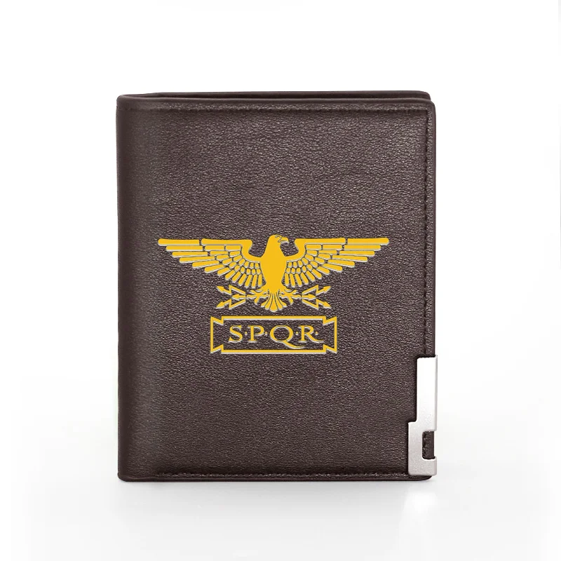 

Fashion Golden Eagle SPQR Brown Leather Men Women Short Wallet ID Credit Card Holder Military Purse