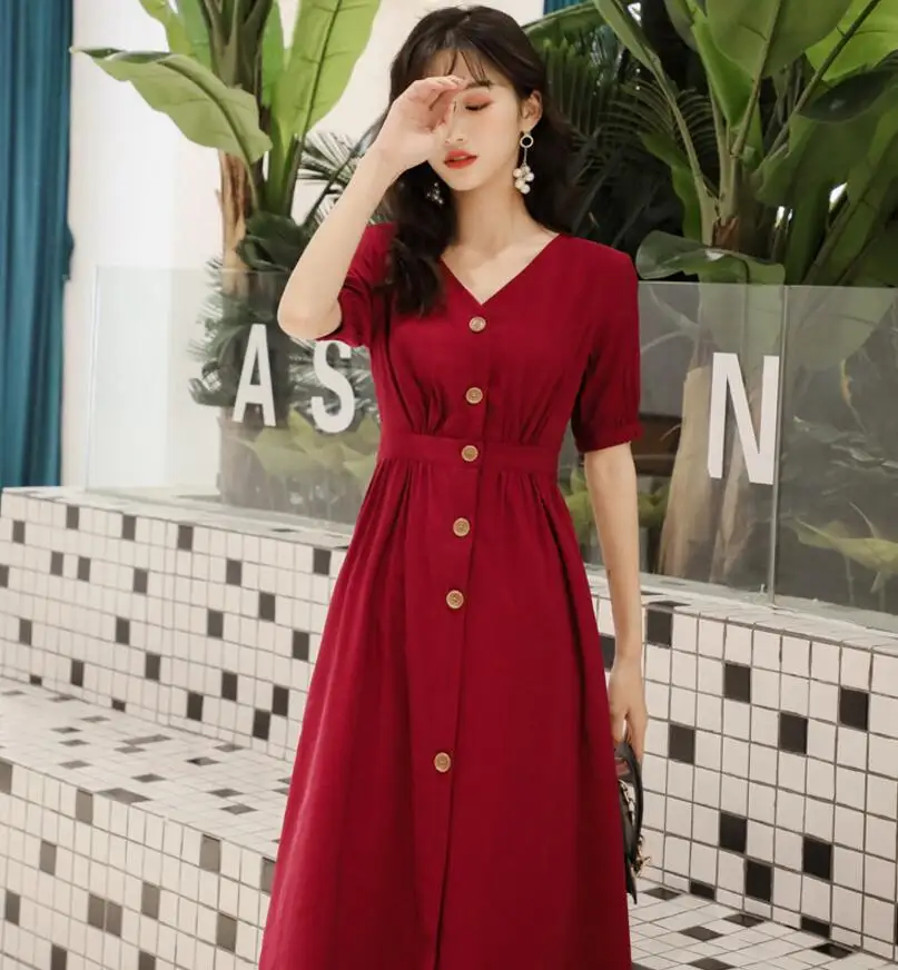 

2019 Summer New Women's French GIRL'S Waist Hugging A- line Dress Hepburn Wind by Age Single Breasted Short Sleeved Dress