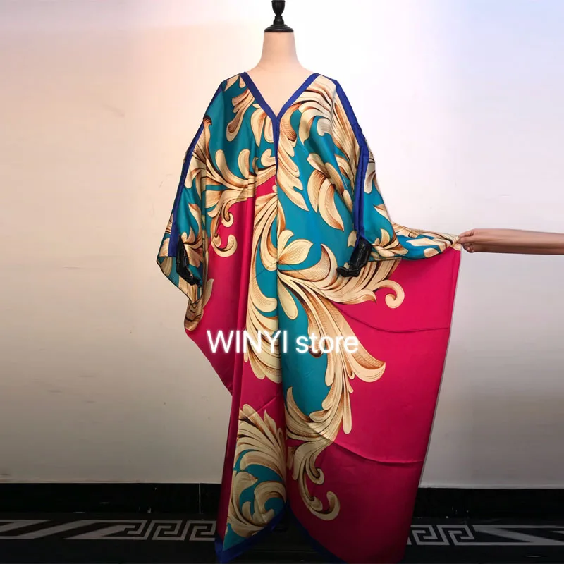 

Kuwait Dashiki long Dress Print silk dress 2020 Elegant Muslim Abaya Bazin Robe Gowns Broder Riche Sexy Lady Party maxi beach
