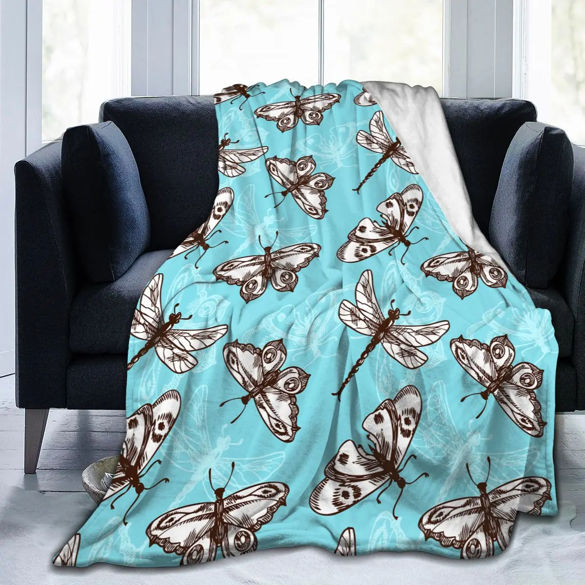 

Soft Warm Flannel Blanket Butterflies Dragonflies Blue Sketch Travel Portable Winter Throw Thin Bed Sofa Blanket