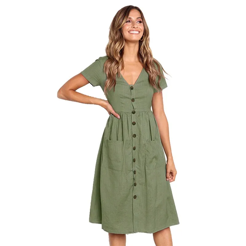 

Cotton Women Summer Dress 2020 Casual V-neck Button Pocket Short Sleeve Midi Dresses For Women Vestidos