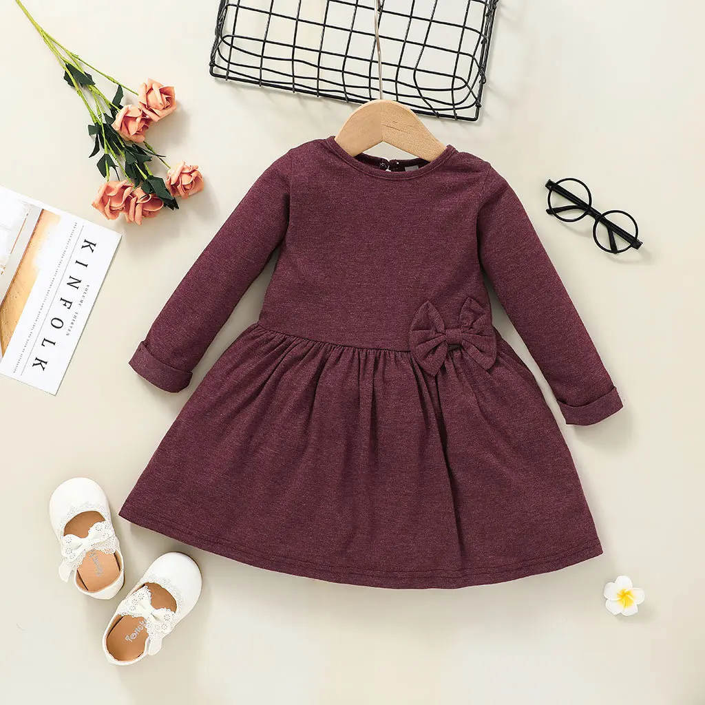 

Baby Girl Autumn European And American Style Solid Dress Infant Bowknot Long Sleeve Casual Skirt Children Fashion A-line Dresses