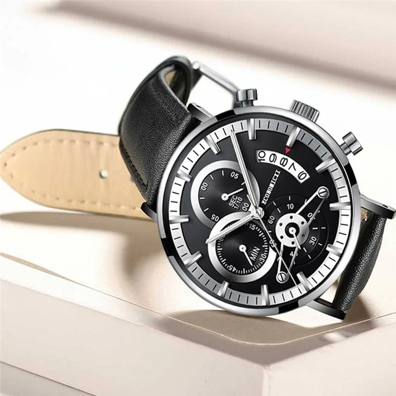 Новые Бизнес Мужские часы кожа черный кварц многофункциональный календарь