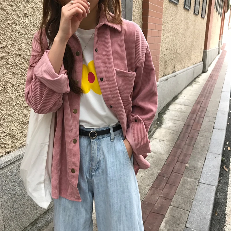 Женские винтажные вельветовые куртки размера плюс однобортные свободного