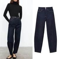 totem high quality 2021 new women cotton wide jeans pants retro dark blue high rise loose straight jeans female nordic style