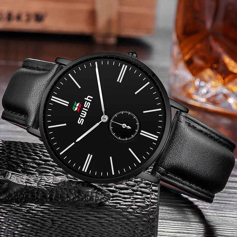 

SWISH Black Leather Watch Men 2020 Casual Slim Business Wristwatch Waterproof Sports Military Watch Quartz Watches Uhren Herren