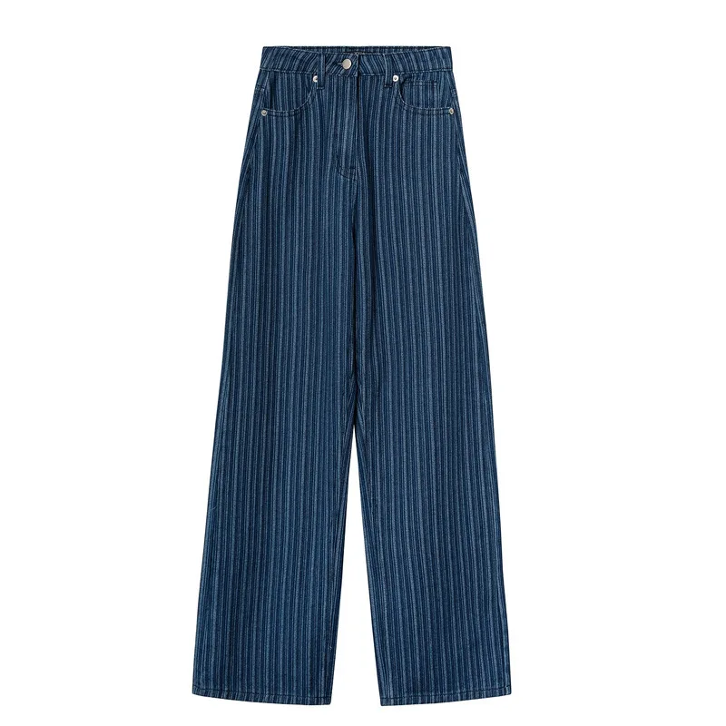 

Vintage striped Women's trousers straight high waist denim fabric blue female pants casual chic girl jeans