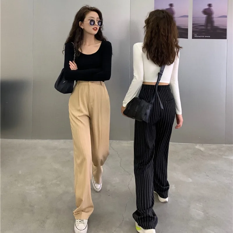 

2021 Spring and Summer New Fashion Vintage Stripe Straight Loose Casual Pants Women's Hong Kong Style Young Mopping Wide-Leg