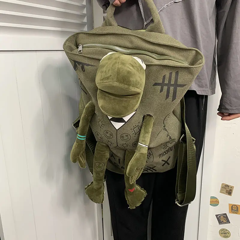 Men's Trendy Cool Graffiti Canvas Backpack Man Original Street Fashion Frog Doll School Bag Unisex Casual Backpack