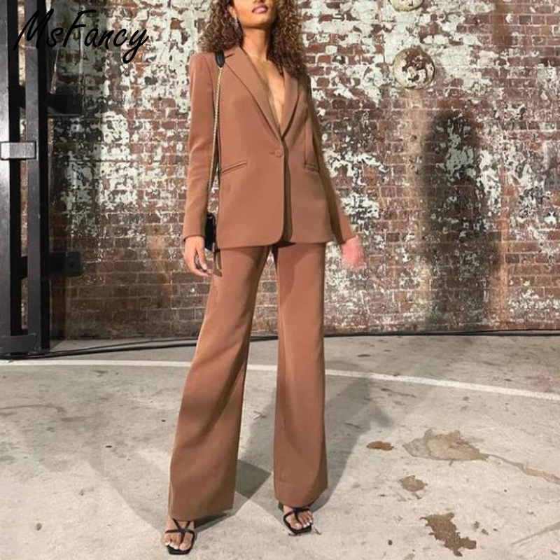 Msfancy коричневый пиджак комплект для женщин 2021 однобортный костюм с высокой