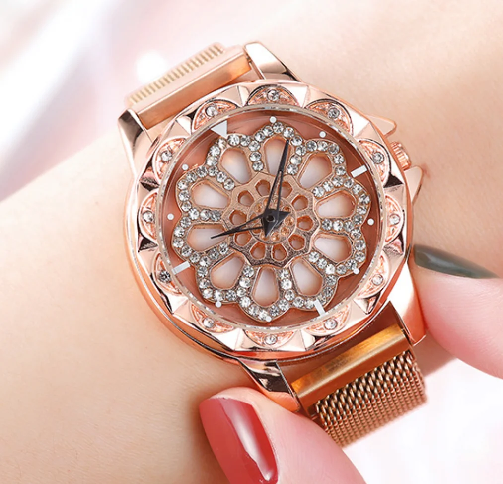 

Fashion Luxury Women watch Rhinestone Magnetic tape Quartz Ladies Wristwatch Mesh Magnet 360 Degree Rotating Dial