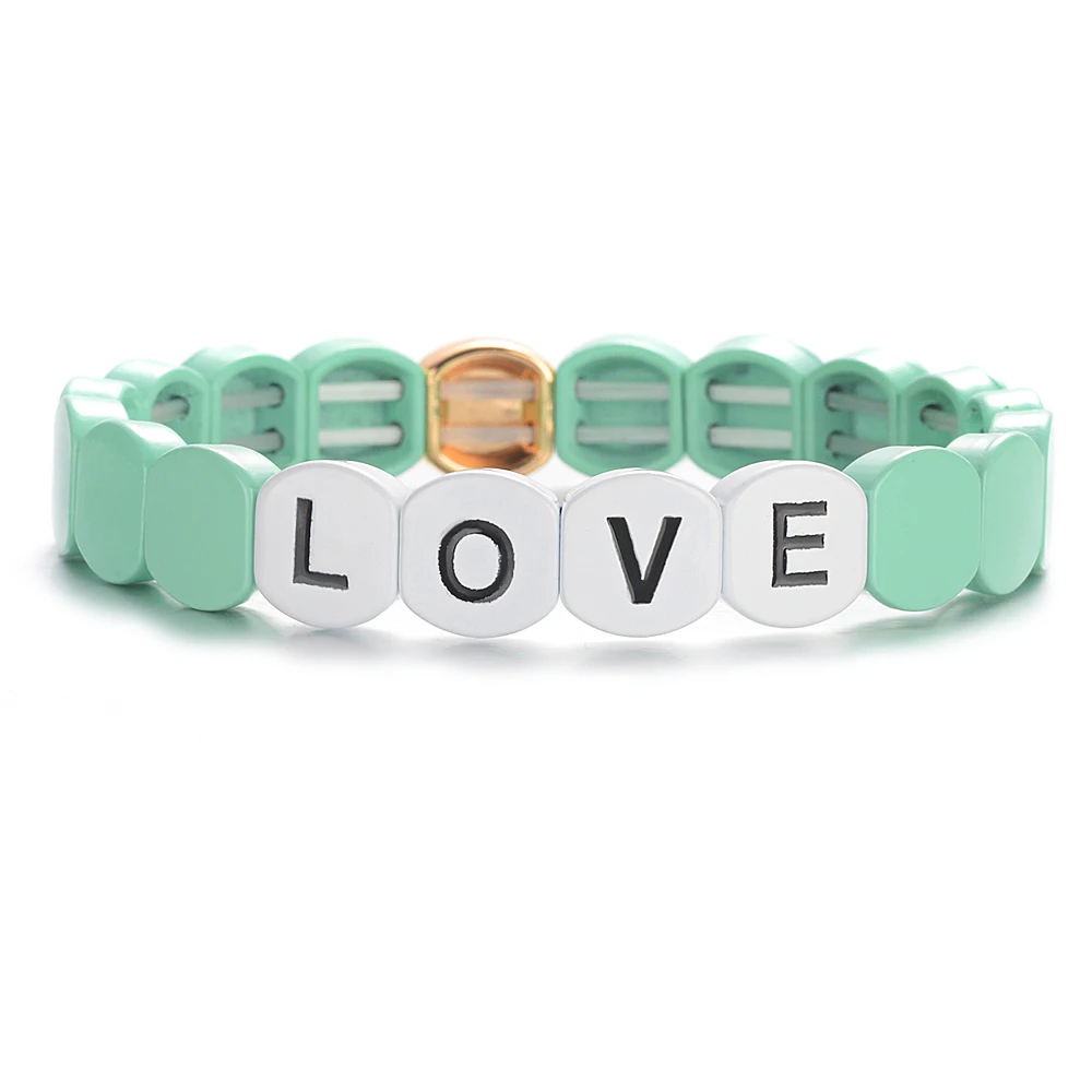 Романтическое письмо любовь ромб плитка браслет на эластичной веревке эмаль