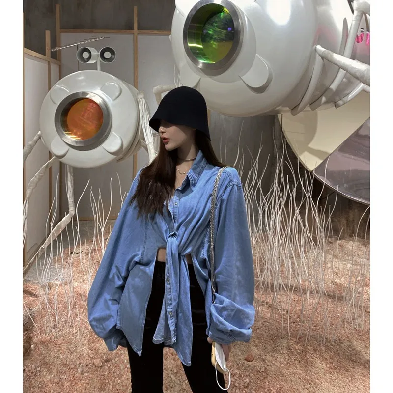 

Супер популярная новая рубашка 2021 женский дизайн с длинным рукавом Свободная универсальная синяя джинсовая куртка