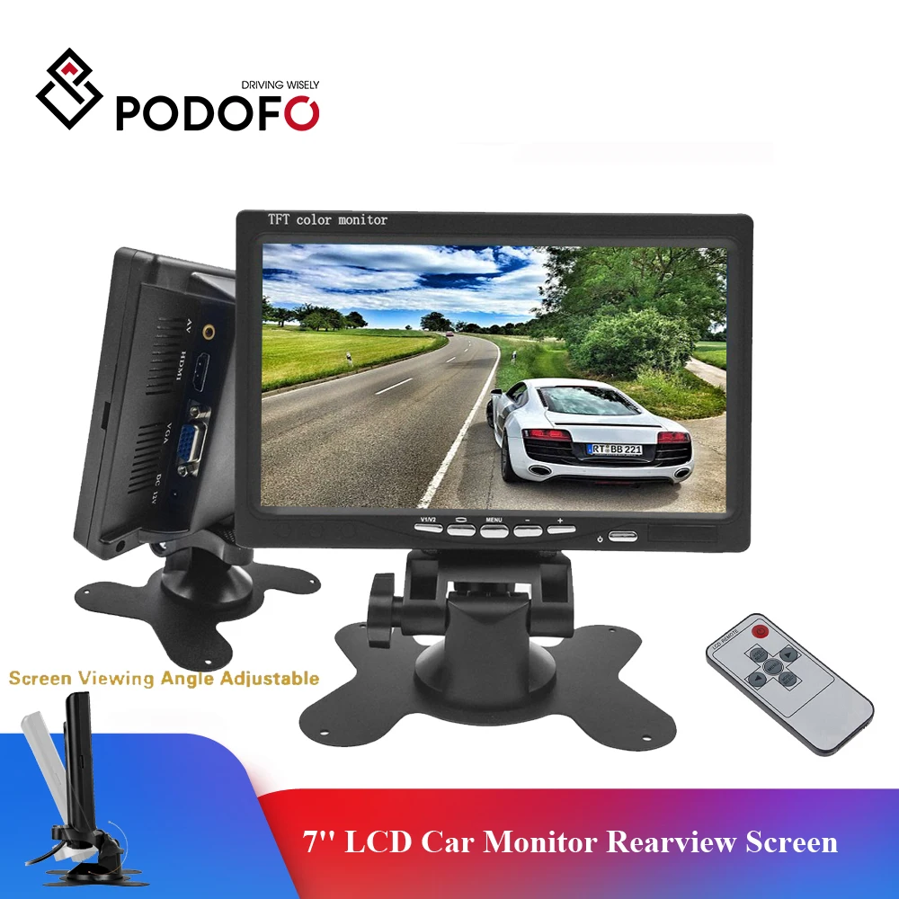 Автомобильный ЖК монитор Podofo 7 дюймов экран заднего вида HDMI VGA 2 видео входа ПК