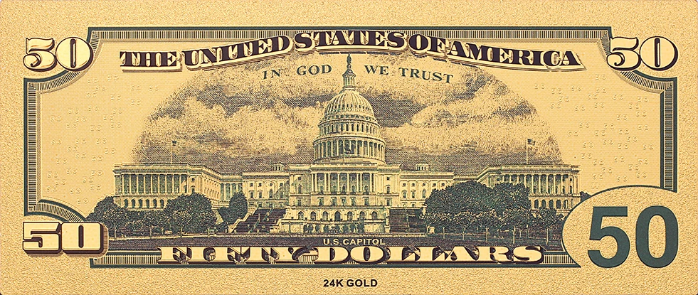 Американская пятидесяти долларов банкнота в 24k позолоченные с пластиковой
