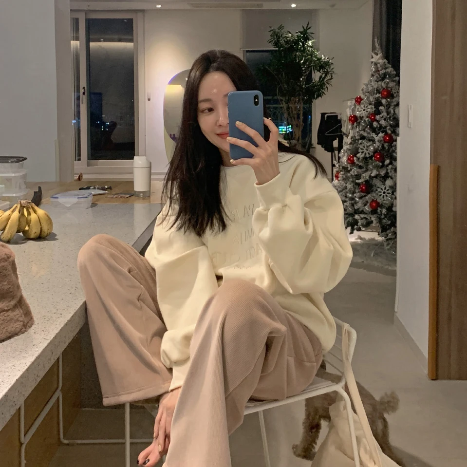 Корейские толстовки с вышитыми буквами свитшоты повседневные винтажные