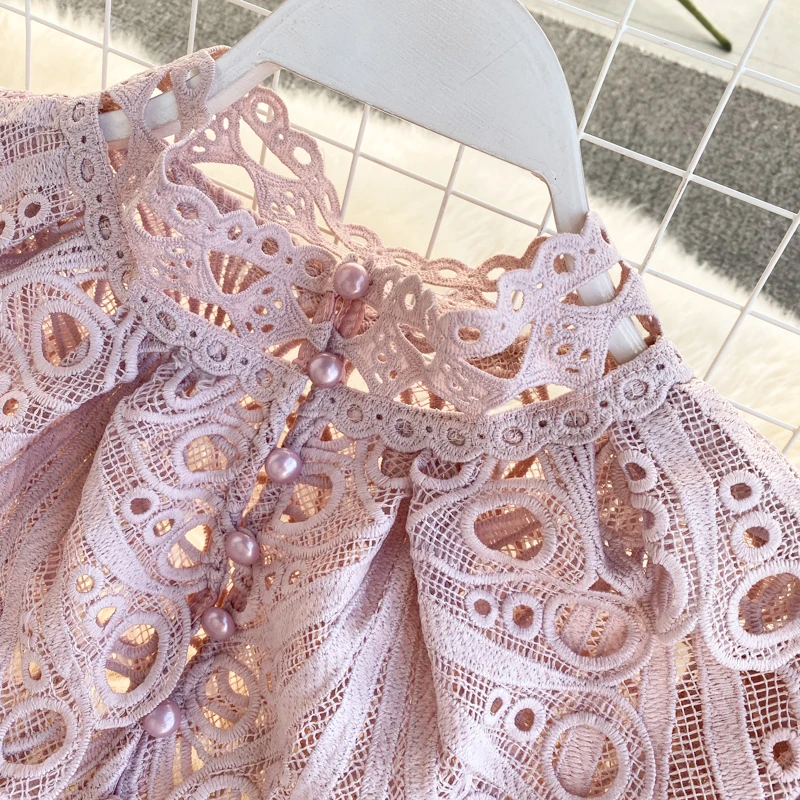 Women's French Vintage Lace Shirt Spring Autumn Hollow Ruffled Flare Sleeve Stand Collar Tops Single-breasted ML637 | Женская одежда