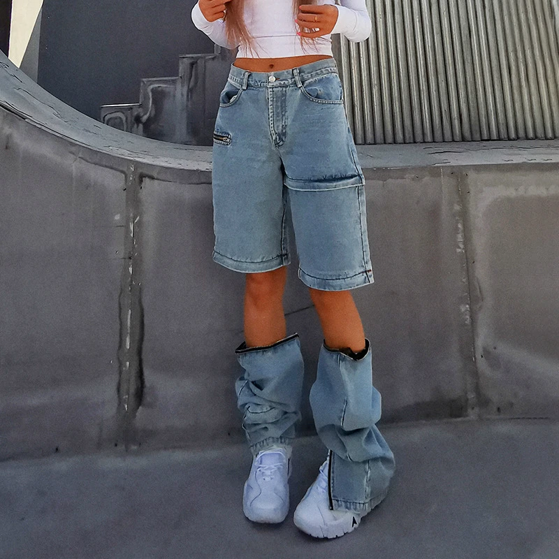 2021 Spring Autumn Women Dectable Jeans Zipper Design Hip Hop Streetwear High Waist Vintage Washed Blue Deniom Long Pants