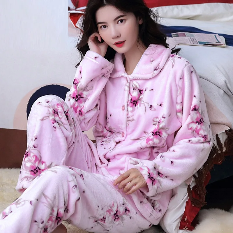 StyleJ H5823 плюшевый женский Пижамный костюм женский уплотненный коралловый флис Домашняя одежда Ночная Рубашка Фланелевая пижама с длинными рукавами Осень-зима - Цвет: StyleJ