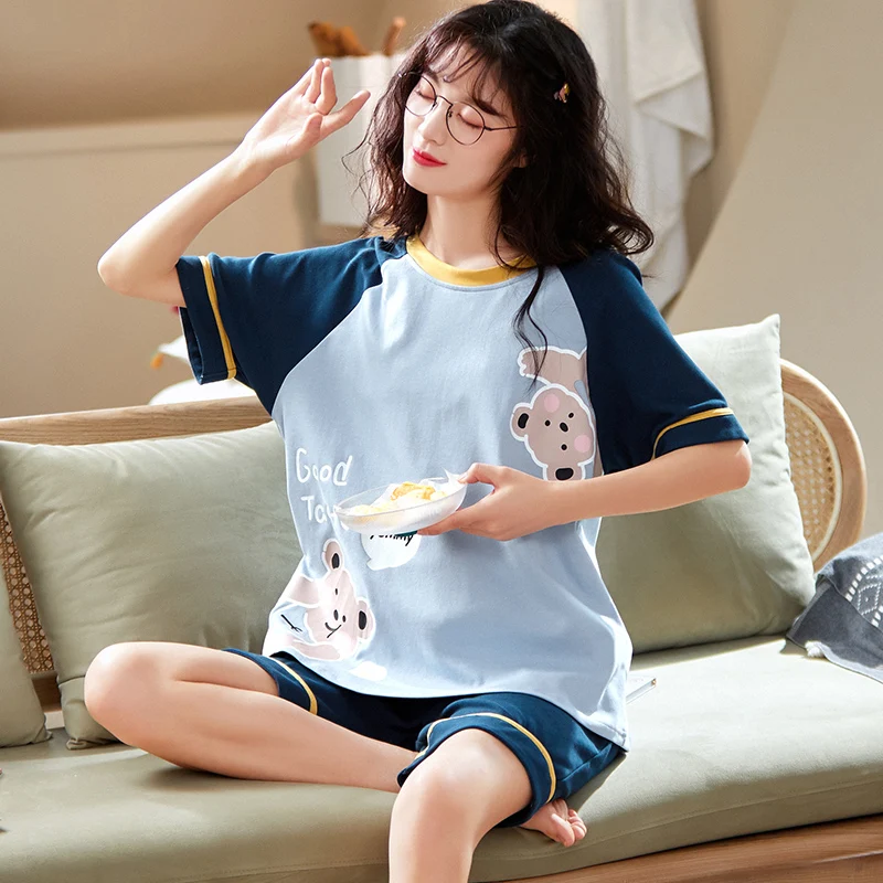 

Kawaii модная синяя Лоскутная летняя пижама с принтом медведей для женщин и девочек с коротким рукавом Свободная Хлопковая пижама