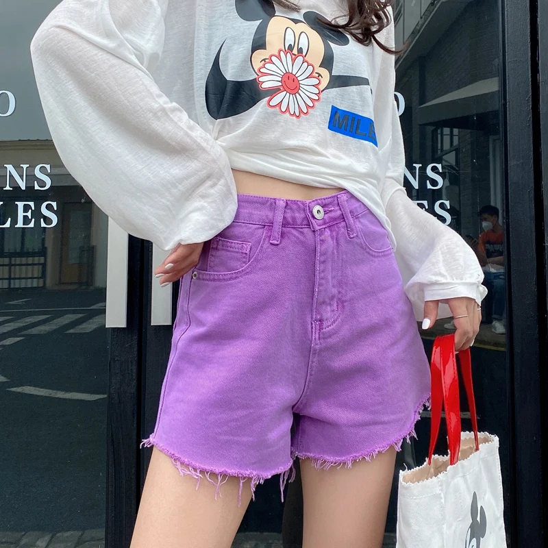 Фиолетовые джинсовые короткие женские джинсы летние корейские брюки с высокой