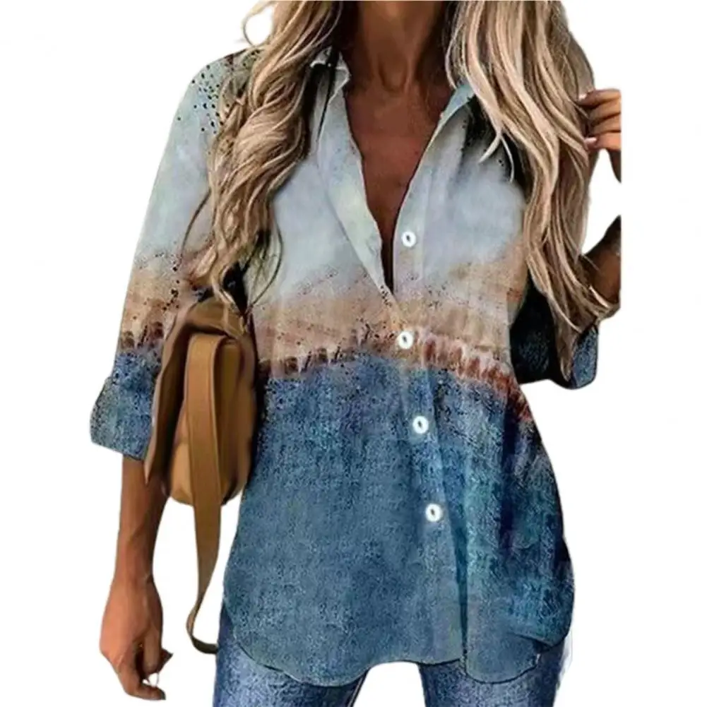 

Plus Size Women Shirt Turn-Down Collar Long Sleeve 2021 Spring Autumn Shirt Buttons Closure Print Vintage Shirt Ladies Clothing