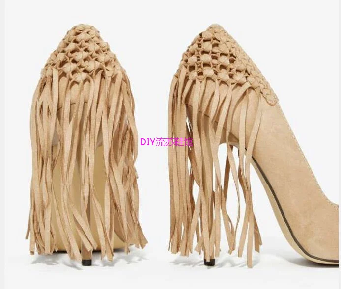 

Roman new solid suede pointed heel tassel fashion high heels single shoes