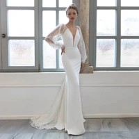 simple wedding dress white v neck floor length floral backless stain lace mermaid wedding party de fiesta robe de soiree