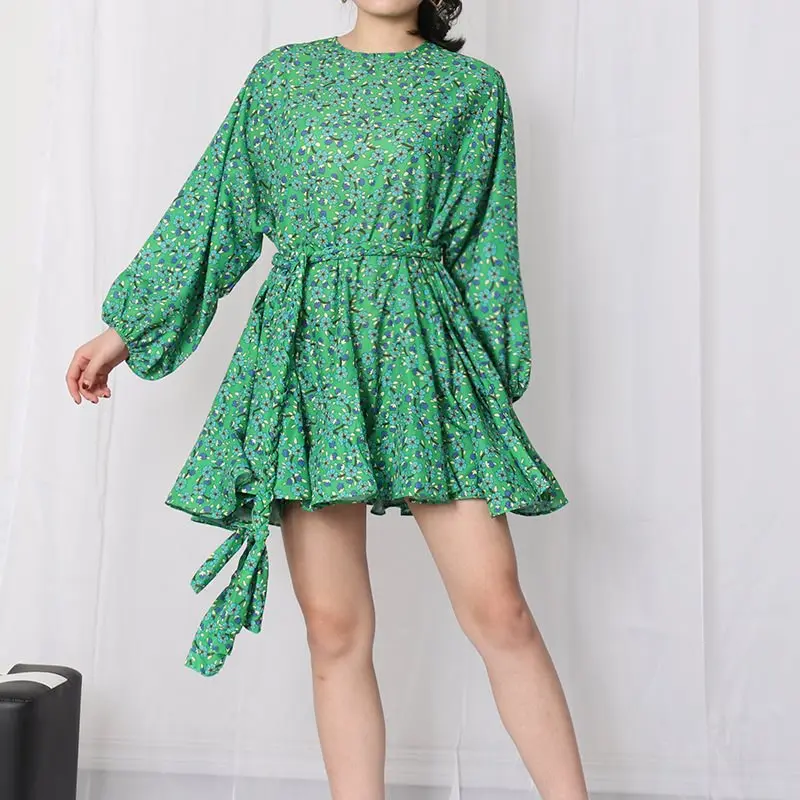 

Women Print Long Sleeve Dress 2020 O-neck Lantern Sleeve Empire Slim Sashes Short Mini Dress Vacation Holiday Dress Vestidos