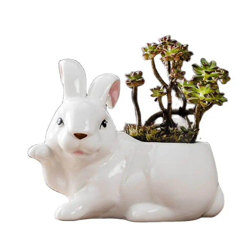 

Pastoral Cartoon Lovely Rabbit Ceramic Succulent Flowerpot Simple Artware Office Desktop Decor Green Plant Potted Home Gardening