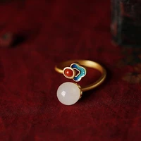hoyon new s925 sterling silver color design gold natural white jade enamel womens chinese style open adjustable ring