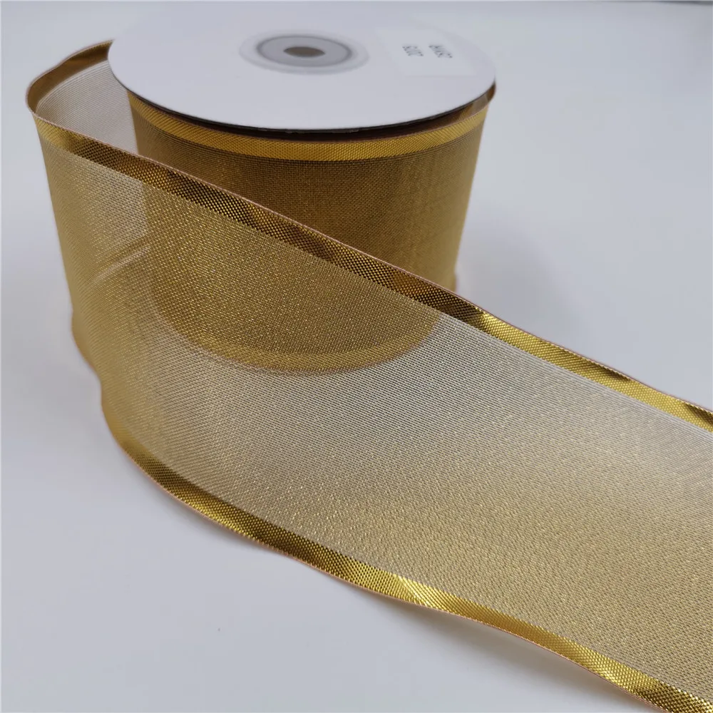 Золотистая металлическая лента из органзы с проволочным краем 63 мм 25 ярдов для