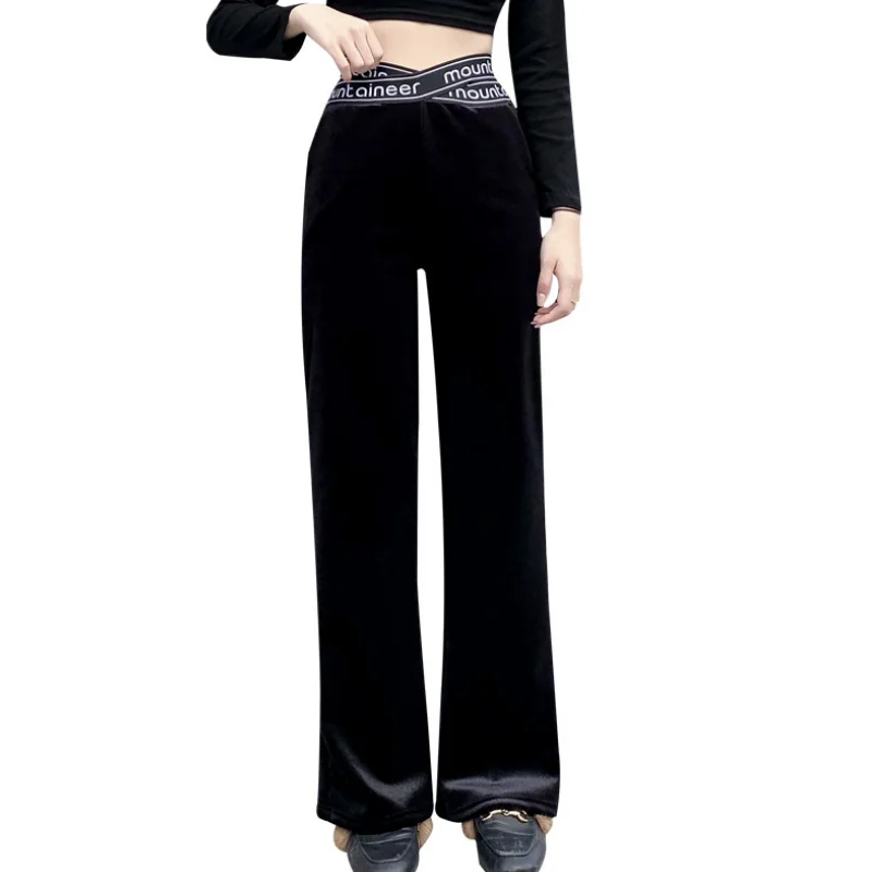 

Женские бархатные брюки с высокой талией, утепленные широкие брюки, черного и золотого цвета, на осень и зиму