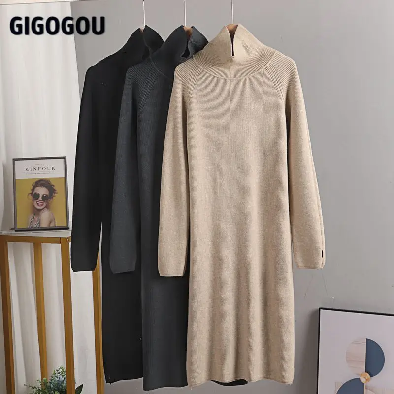 Женское трикотажное платье-свитер GIGOGOU длинное плотное теплое платье средней