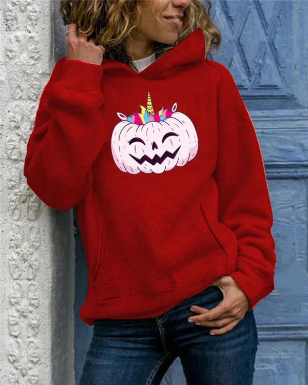 

Hoodies Halloween Funny Unicorn Pumpkin Graphic Autumn All-match Hooded Printed Pattern Sweater