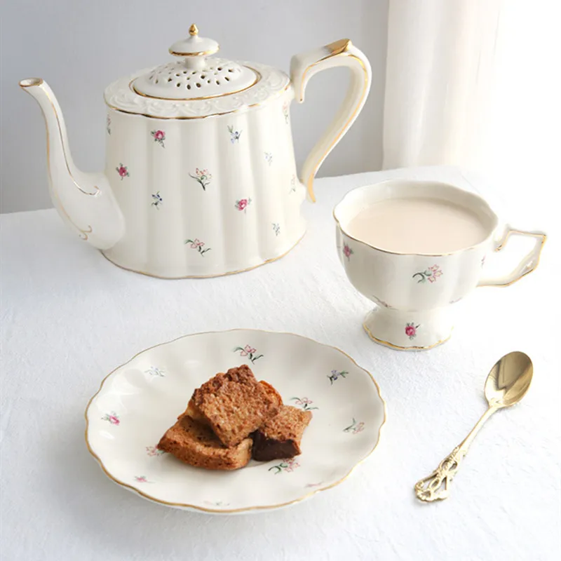 

French Tea Cup and Saucers Set Porcelain Tea Pot Teacup Coaster Coffee Mug Set Household Teaware Sets Coffeeware Supplier
