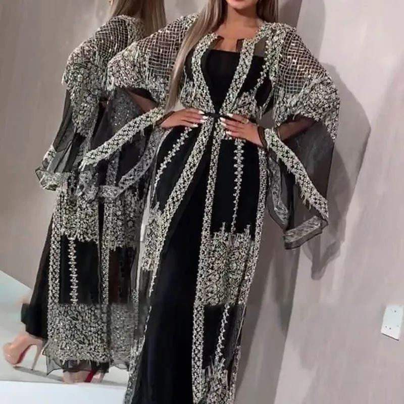 2pc Muslim Mesh Abaya Dress Cardigan Sequins Kimono Long Robe Gowns Jubah Vestidos Sexy Party Middle East Eid Ramadan Islamic