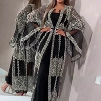 2pc muslim mesh abaya dress cardigan sequins kimono long robe gowns jubah vestidos sexy party middle east eid ramadan islamic