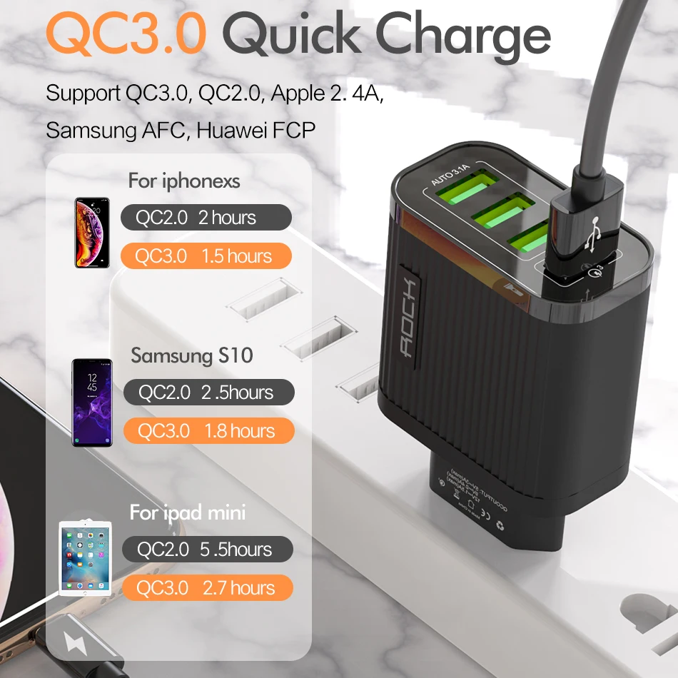 ROCK USB зарядное устройство быстрая зарядка QC 3 0 супер 4 порта портативный мобильный