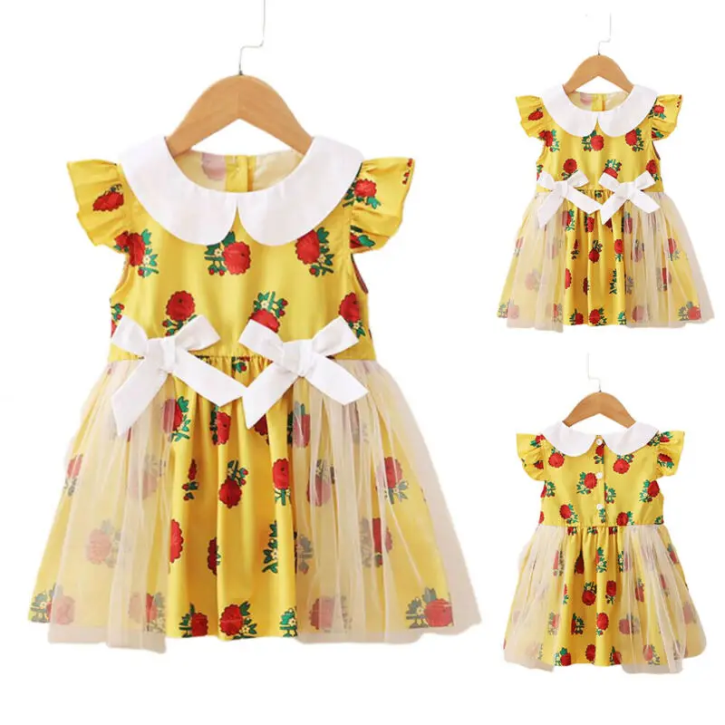 

Floral Printed Girls Bowknot Dress Cbildren Kids Summer Mini Short Vestidos