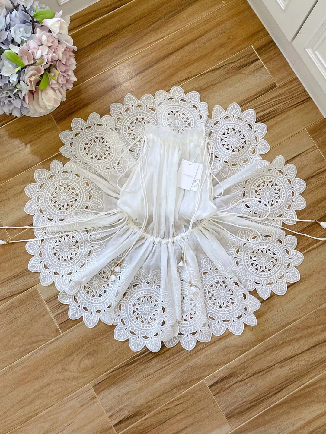 

The Scallop Embroidery Hollow Out Tie Ramie Top For Women